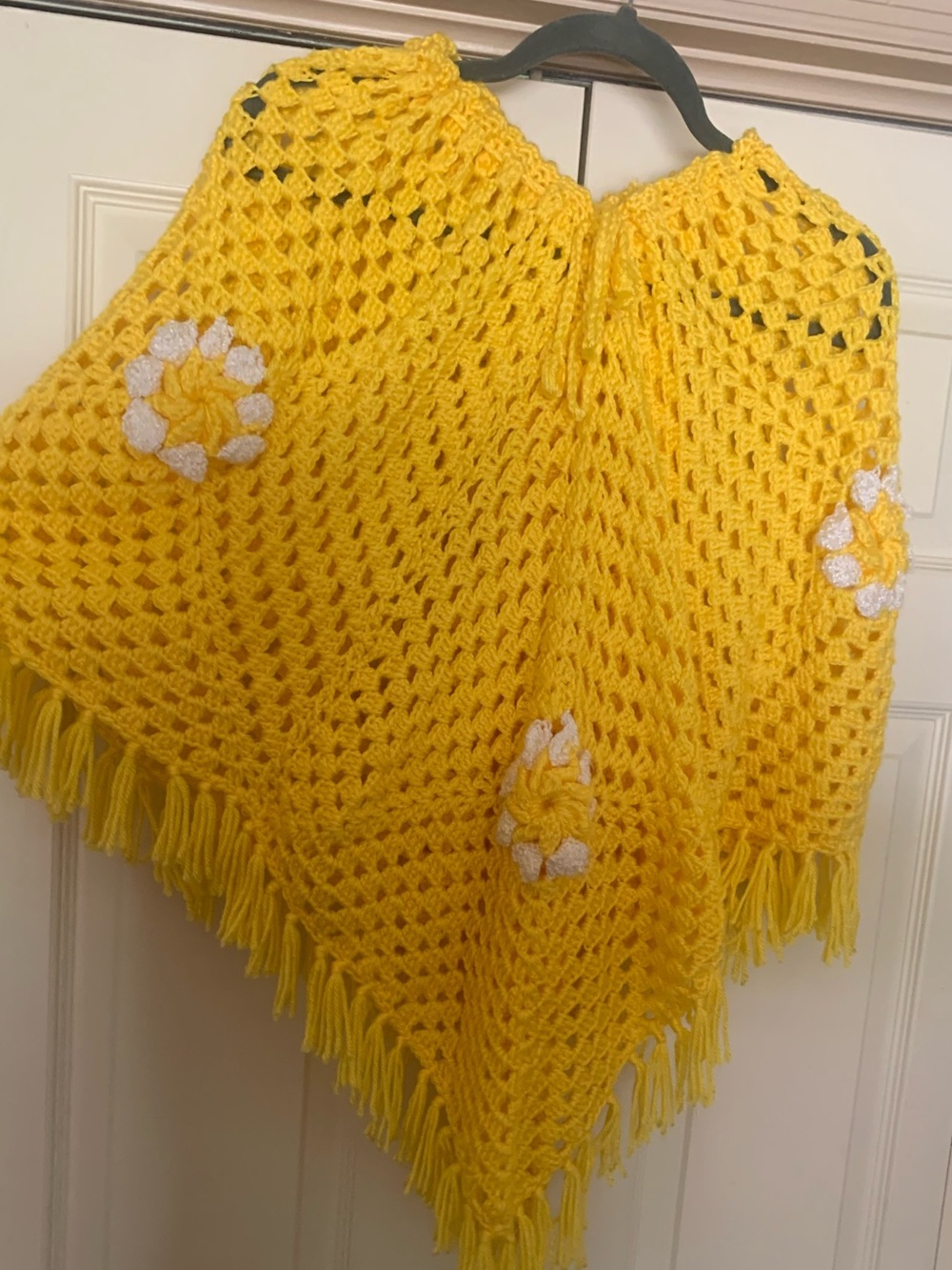 Sunny Yellow Crochet Floral Fringe Poncho